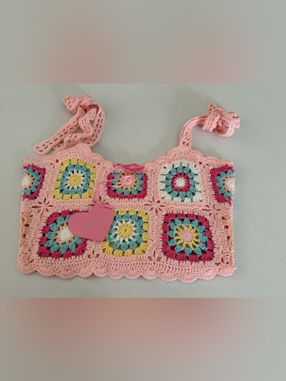 Sugar Thrillz.  XS/S.  Handmade Pink Crochet Granny Square Crop top.